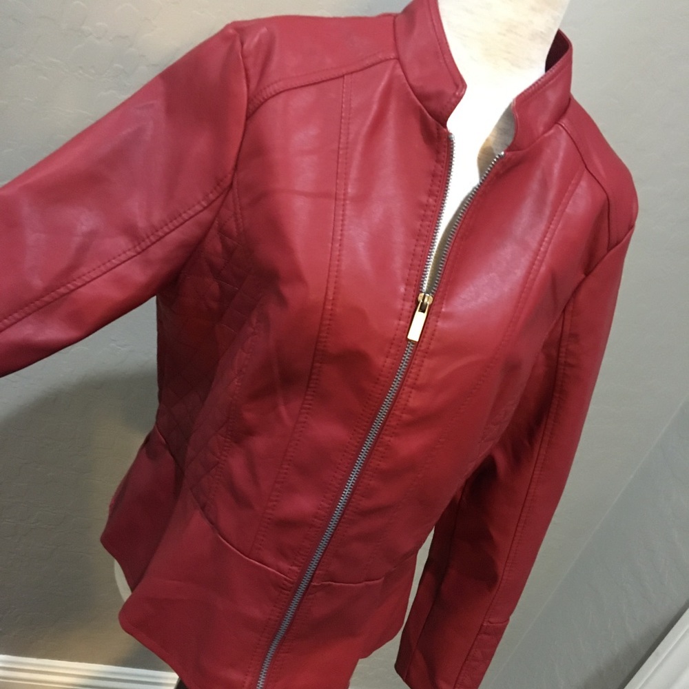 EUC Baccini Short Racer Faux leather Jacket Scarlet Red